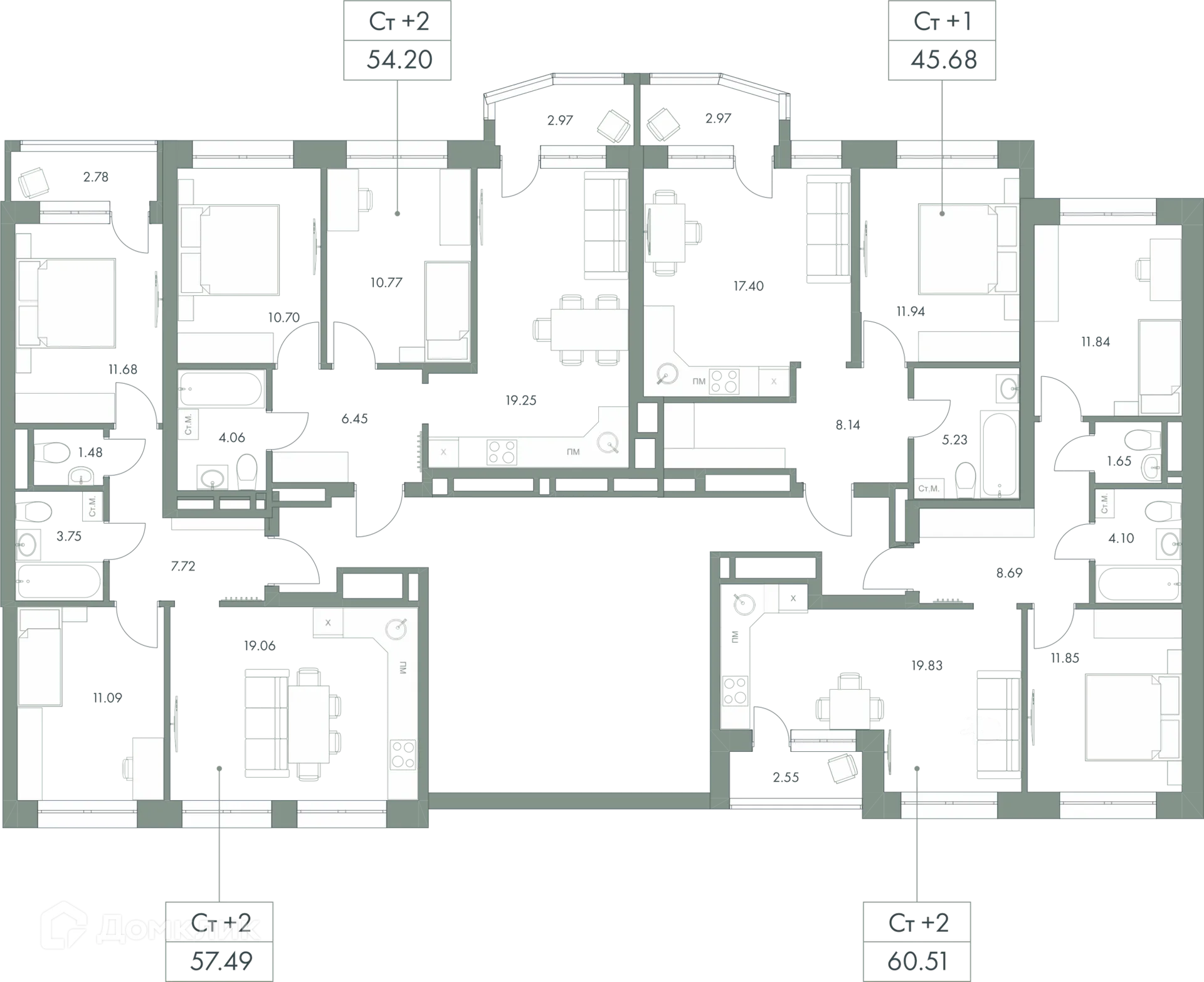 Планировка 2-комнатной квартиры 57.49 м² в ЖК Есенин, г. Ханты-Мансийск — фото 3