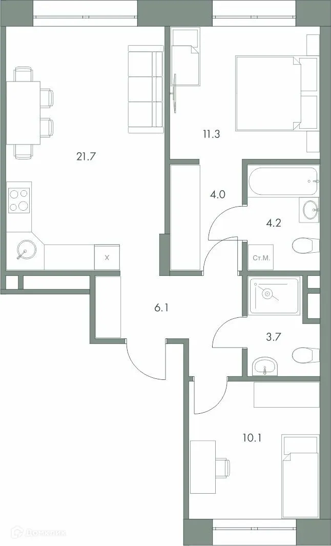 Планировка 2-комнатной квартиры 61.1 м² в ЖК Эко-квартал "Долина Ручьев", г. Ханты-Мансийск — фото 1