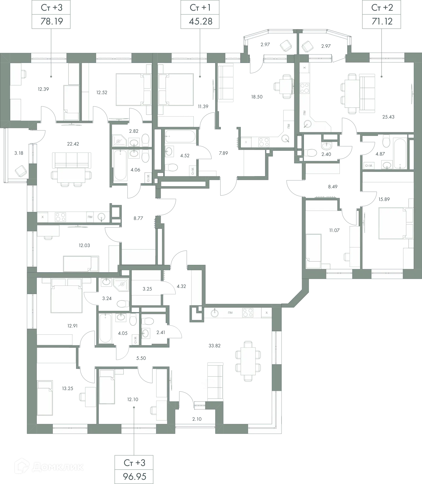 Планировка 1-комнатной квартиры 45.28 м² в ЖК Есенин, г. Ханты-Мансийск — фото 3