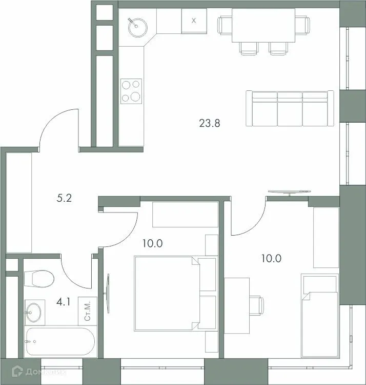 Планировка 2-комнатной квартиры 53.1 м² в ЖК Эко-квартал "Долина Ручьев", г. Ханты-Мансийск — фото 1