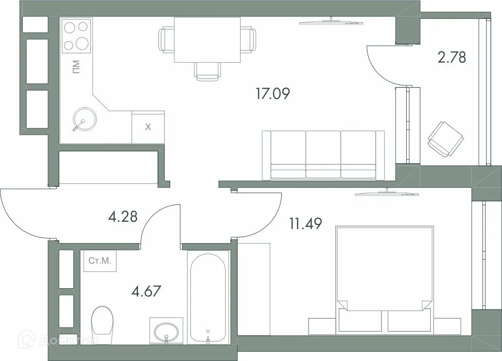 Планировка 1-комнатной квартиры 40.31 м² в ЖК Есенин, г. Ханты-Мансийск — фото 1