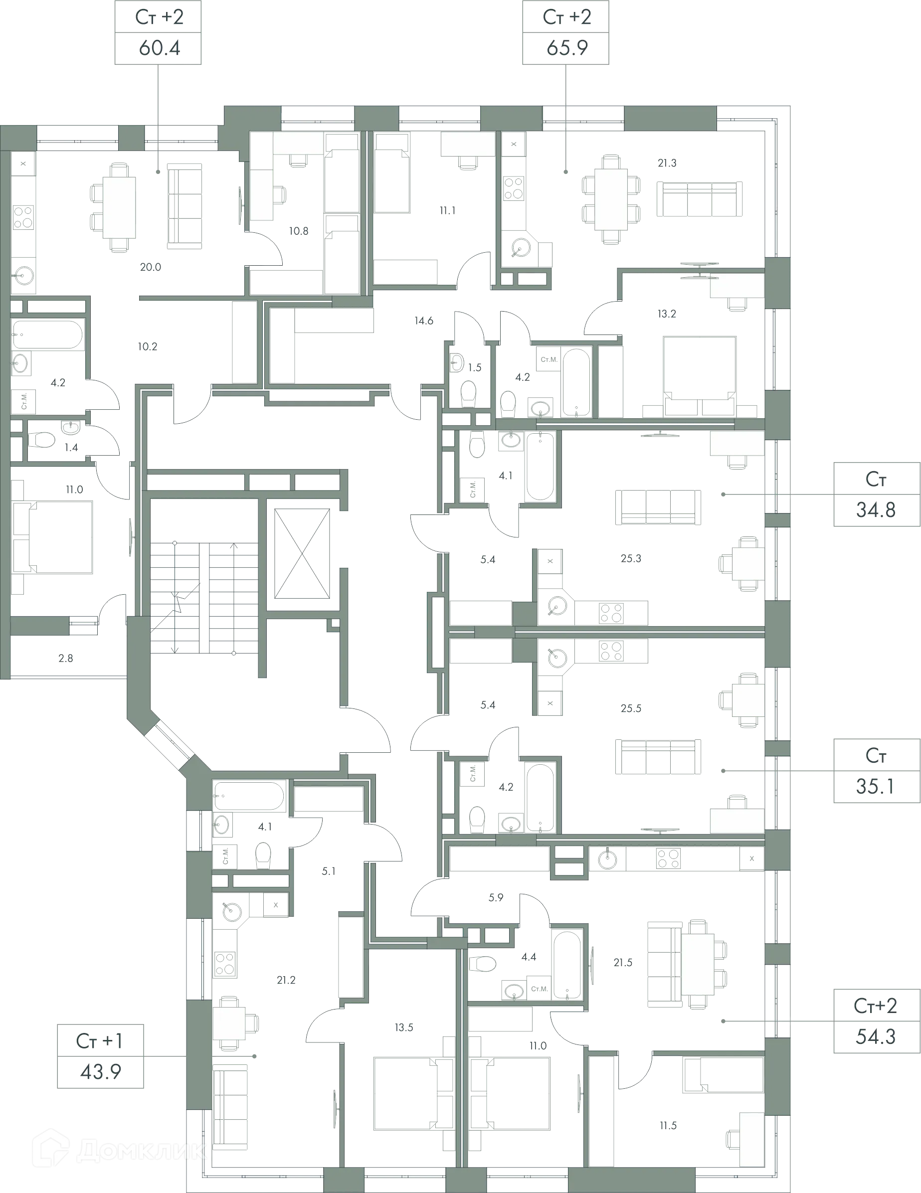 Планировка 2-комнатной квартиры 65.9 м² в ЖК Эко-квартал "Долина Ручьев", г. Ханты-Мансийск — фото 2