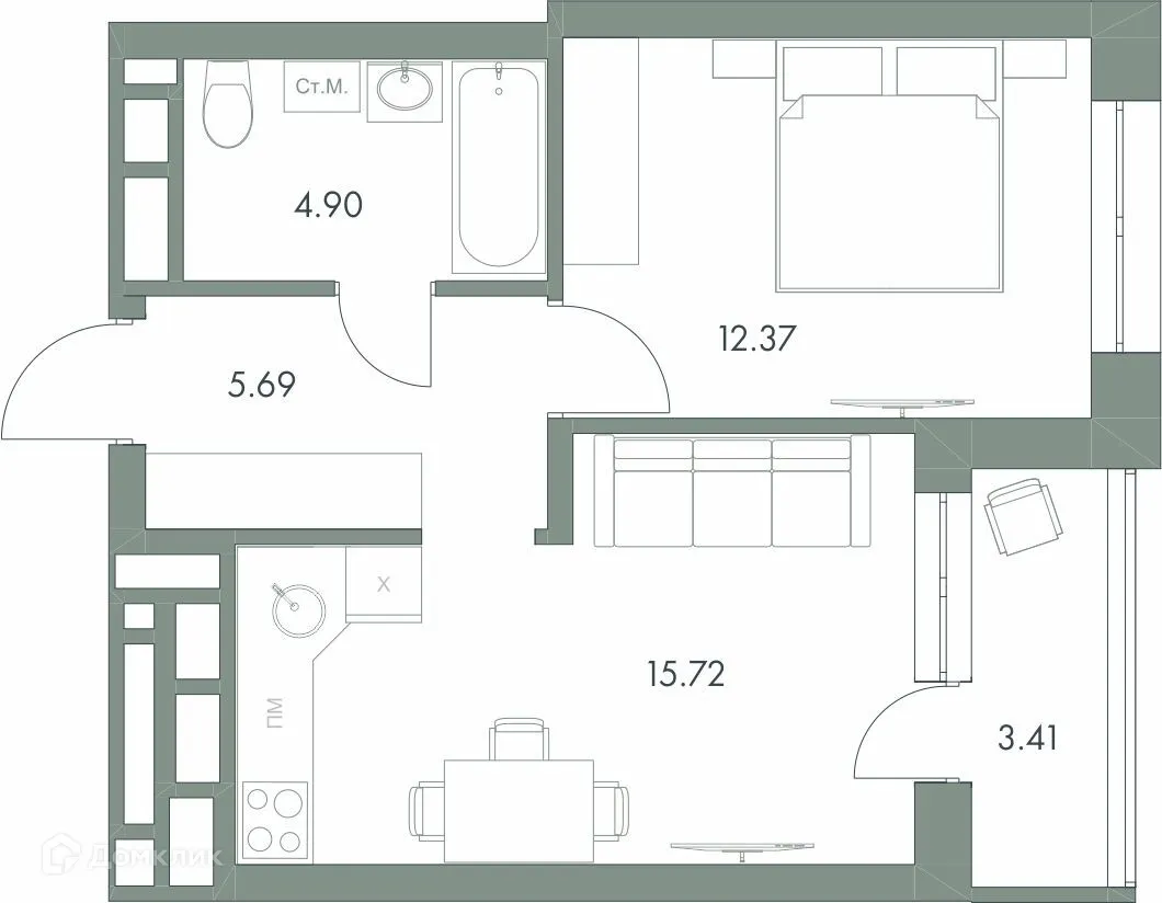 Планировка 1-комнатной квартиры 42.09 м² в ЖК Есенин, г. Ханты-Мансийск — фото 1