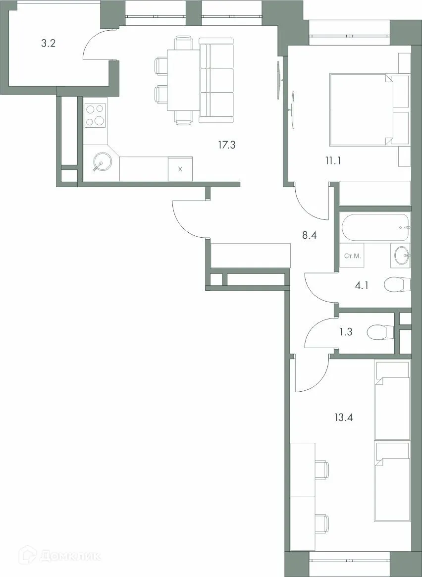 Планировка 2-комнатной квартиры 58.8 м² в ЖК Эко-квартал "Долина Ручьев", г. Ханты-Мансийск — фото 1