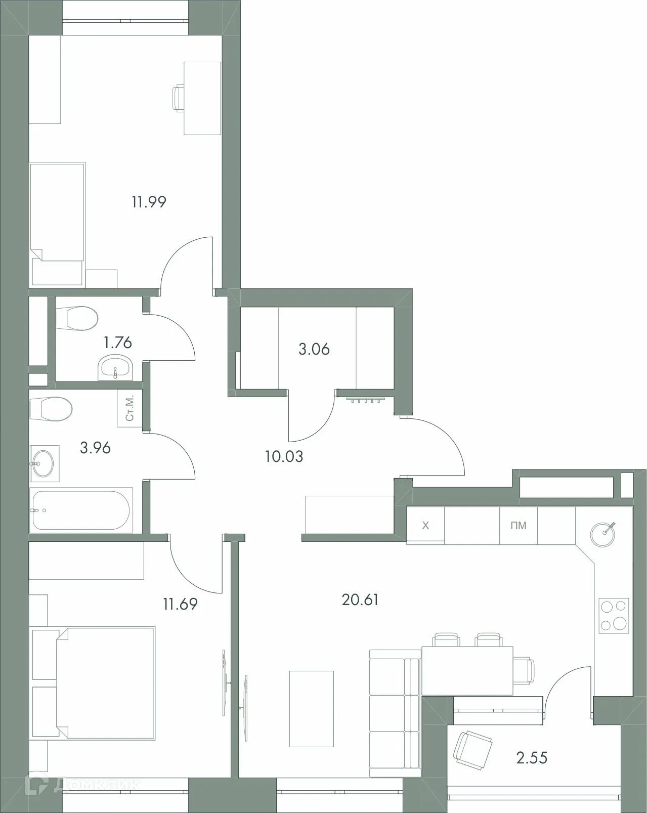 Планировка 2-комнатной квартиры 65.65 м² в ЖК Есенин, г. Ханты-Мансийск — фото 4