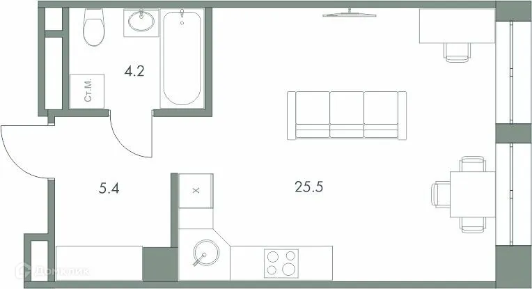 Планировка студии квартиры 35.1 м² в ЖК Эко-квартал "Долина Ручьев", г. Ханты-Мансийск — фото 1