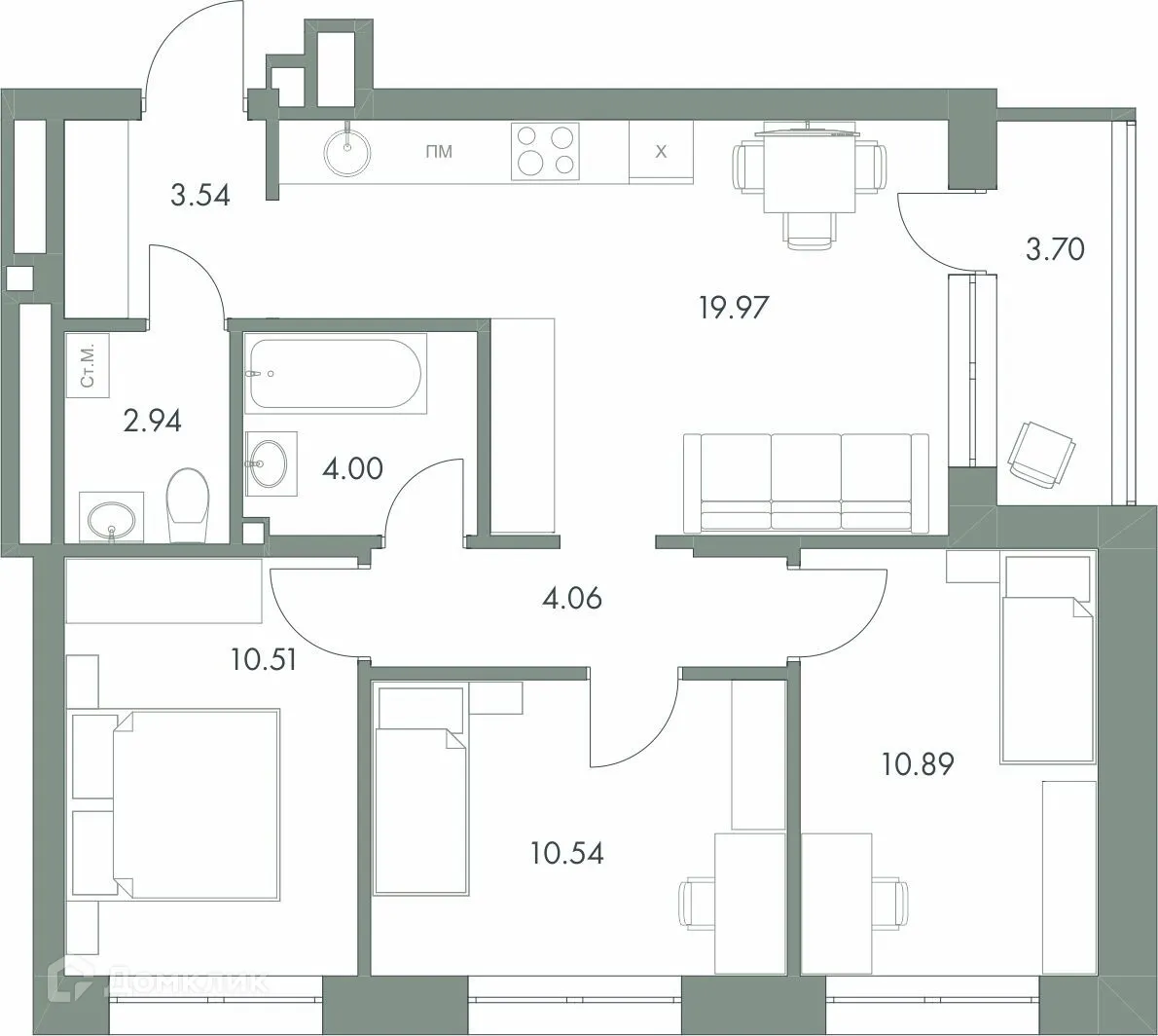 Планировка 3-комнатной квартиры 70.15 м² в ЖК Есенин, г. Ханты-Мансийск — фото 4