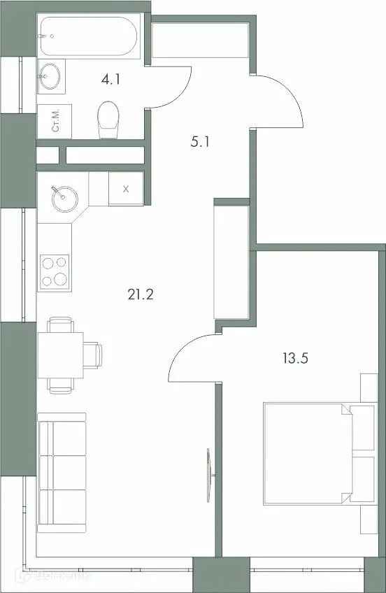 Планировка 1-комнатной квартиры 43.9 м² в ЖК Эко-квартал "Долина Ручьев", г. Ханты-Мансийск — фото 1