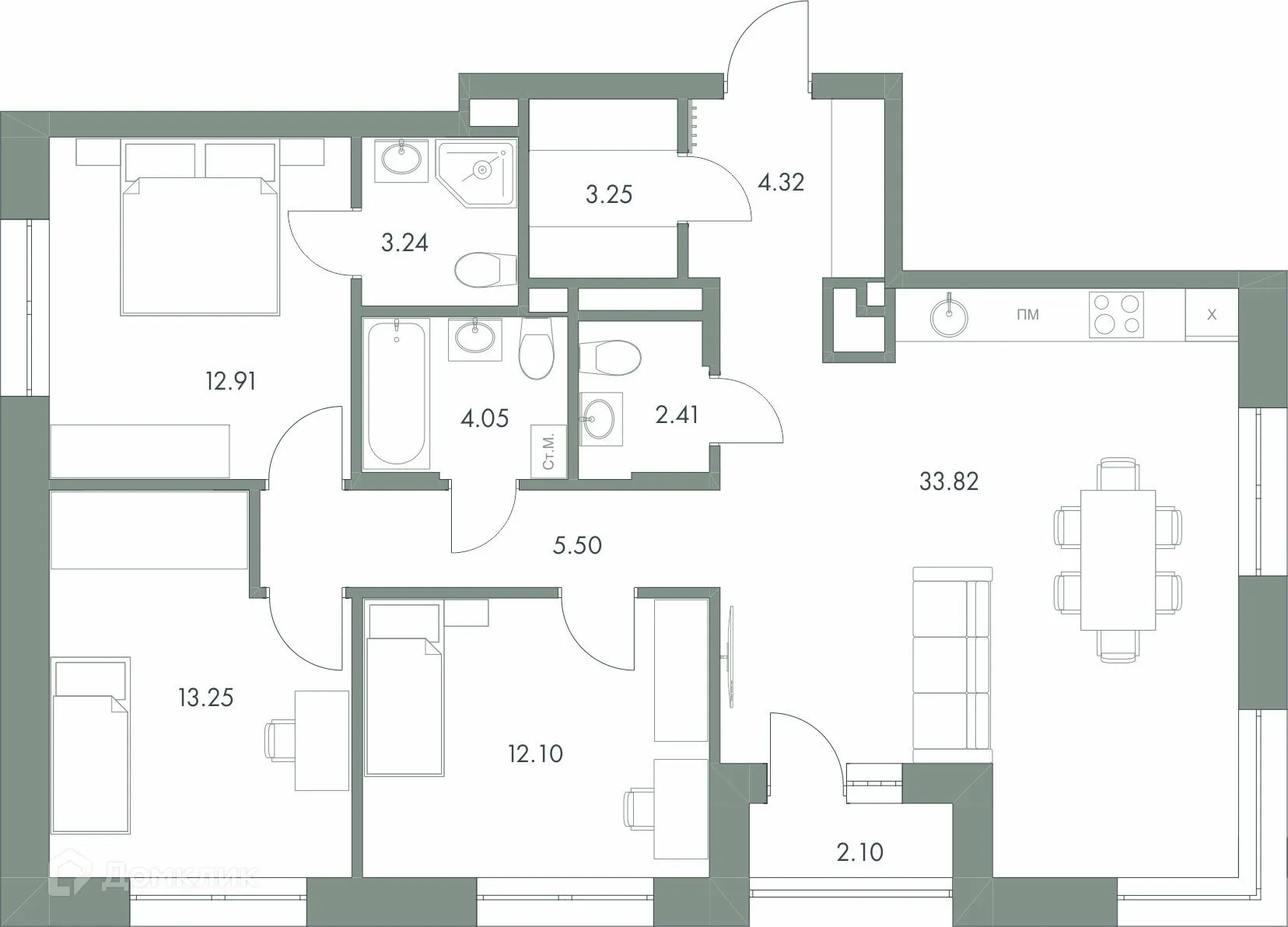 Планировка 3-комнатной квартиры 96.95 м² в ЖК Есенин, г. Ханты-Мансийск — фото 1