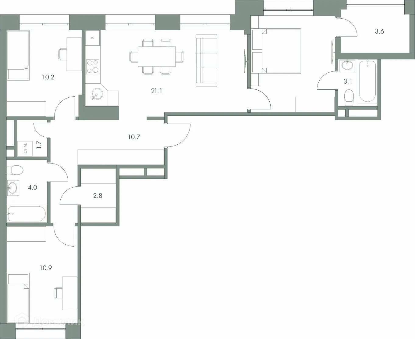 Планировка 3-комнатной квартиры 81 м² в ЖК Эко-квартал "Долина Ручьев", г. Ханты-Мансийск — фото 1