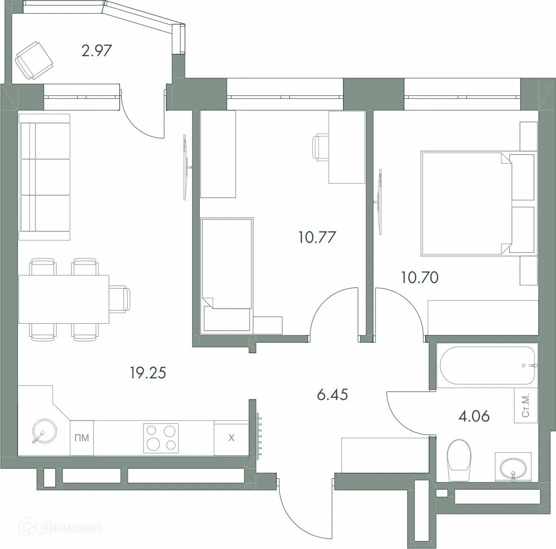 Планировка 2-комнатной квартиры 54.2 м² в ЖК Есенин, г. Ханты-Мансийск — фото 1