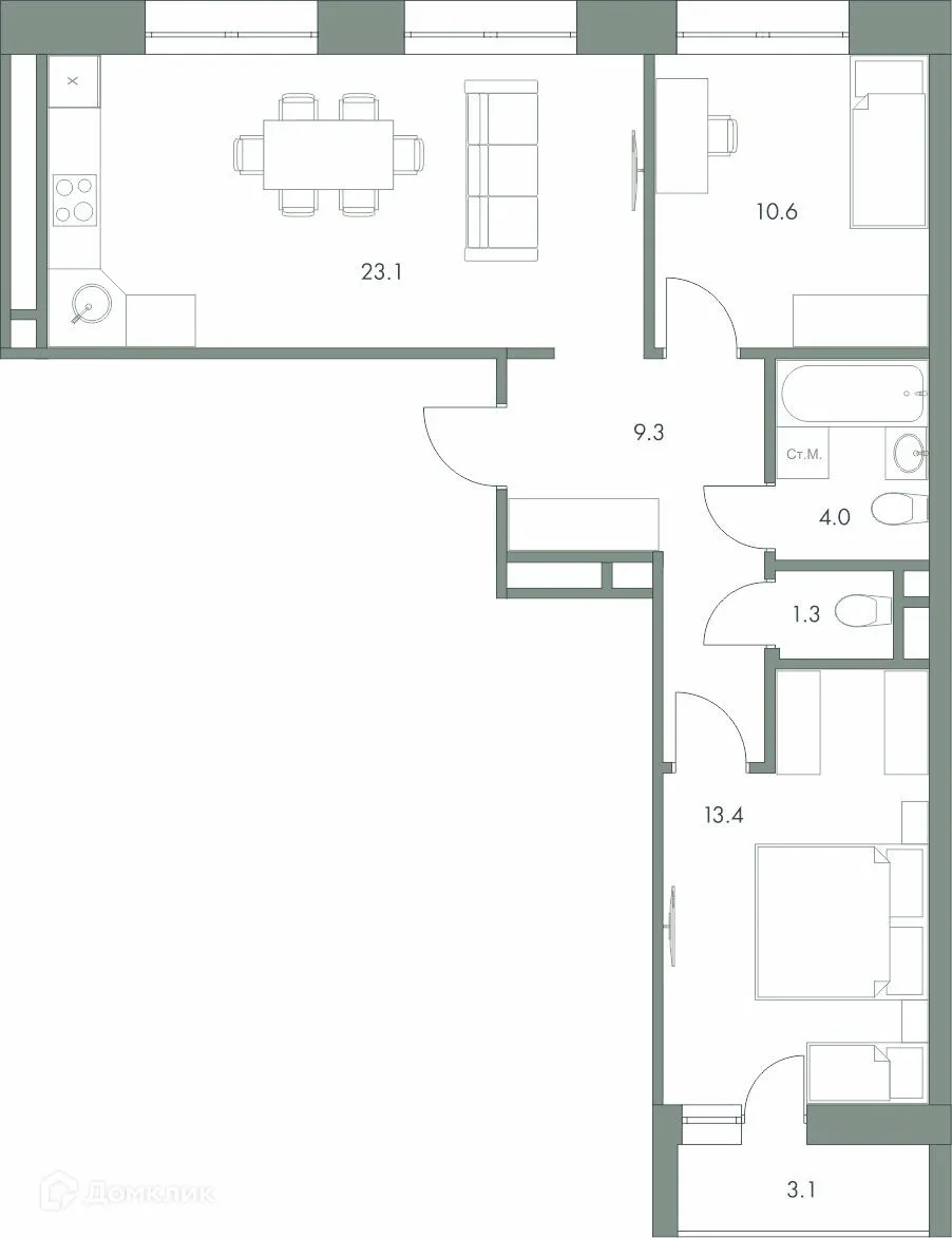 Планировка 2-комнатной квартиры 64.8 м² в ЖК Эко-квартал "Долина Ручьев", г. Ханты-Мансийск — фото 1