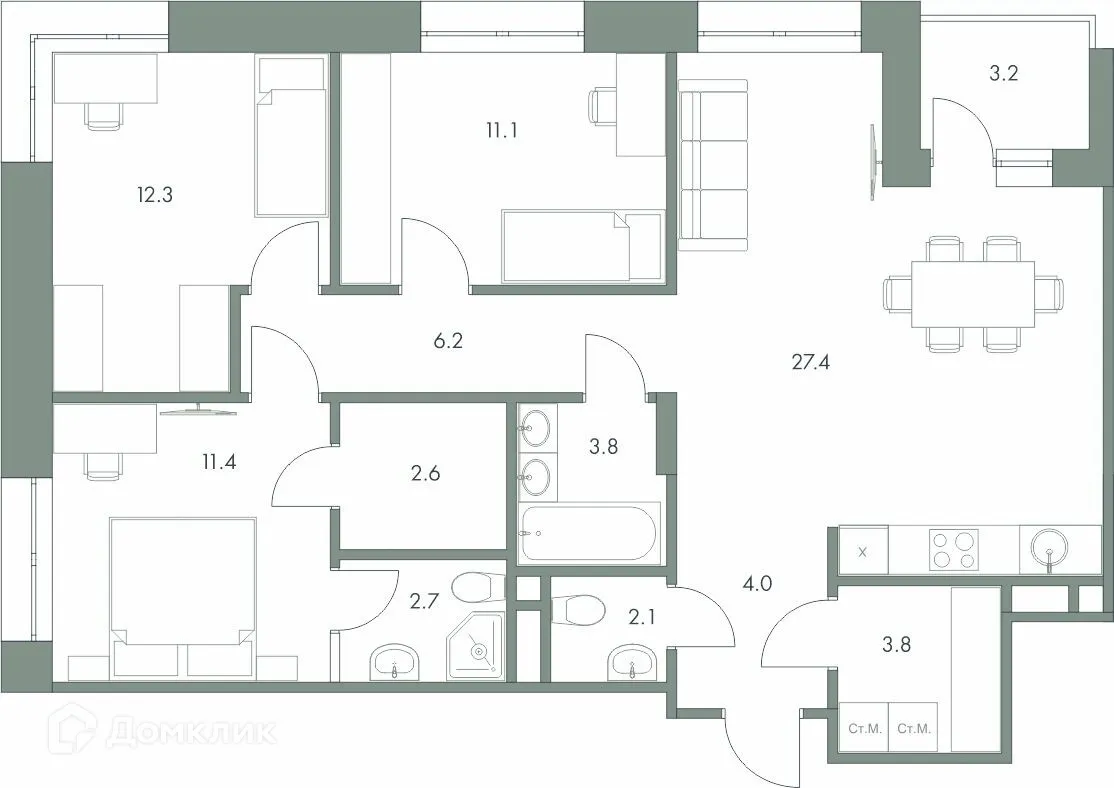 Планировка 3-комнатной квартиры 90.6 м² в ЖК Эко-квартал "Долина Ручьев", г. Ханты-Мансийск — фото 1