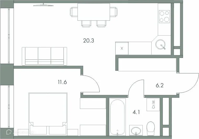 Планировка 1-комнатной квартиры 42.2 м² в ЖК Эко-квартал "Долина Ручьев", г. Ханты-Мансийск — фото 1