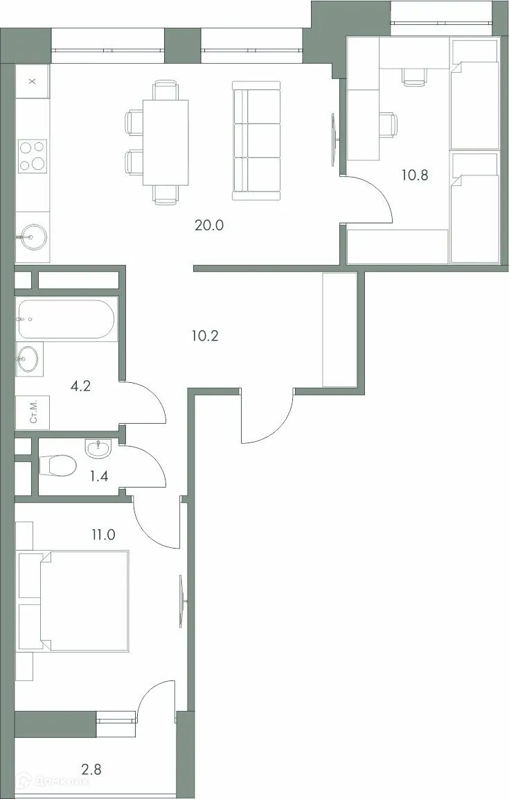 Планировка 2-комнатной квартиры 60.4 м² в ЖК Эко-квартал "Долина Ручьев", г. Ханты-Мансийск — фото 1