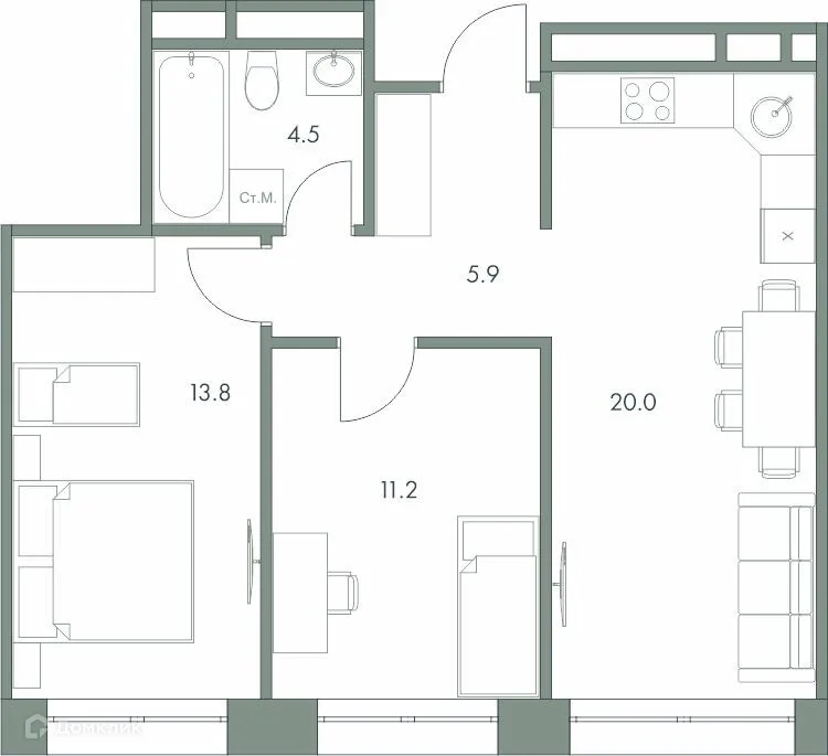 Планировка 2-комнатной квартиры 55.4 м² в ЖК Эко-квартал "Долина Ручьев", г. Ханты-Мансийск — фото 1