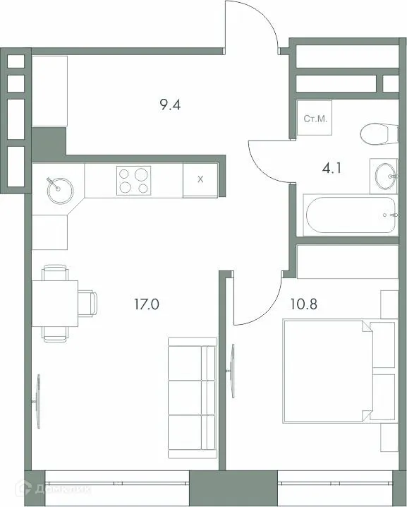 Планировка 1-комнатной квартиры 41.3 м² в ЖК Эко-квартал "Долина Ручьев", г. Ханты-Мансийск — фото 1