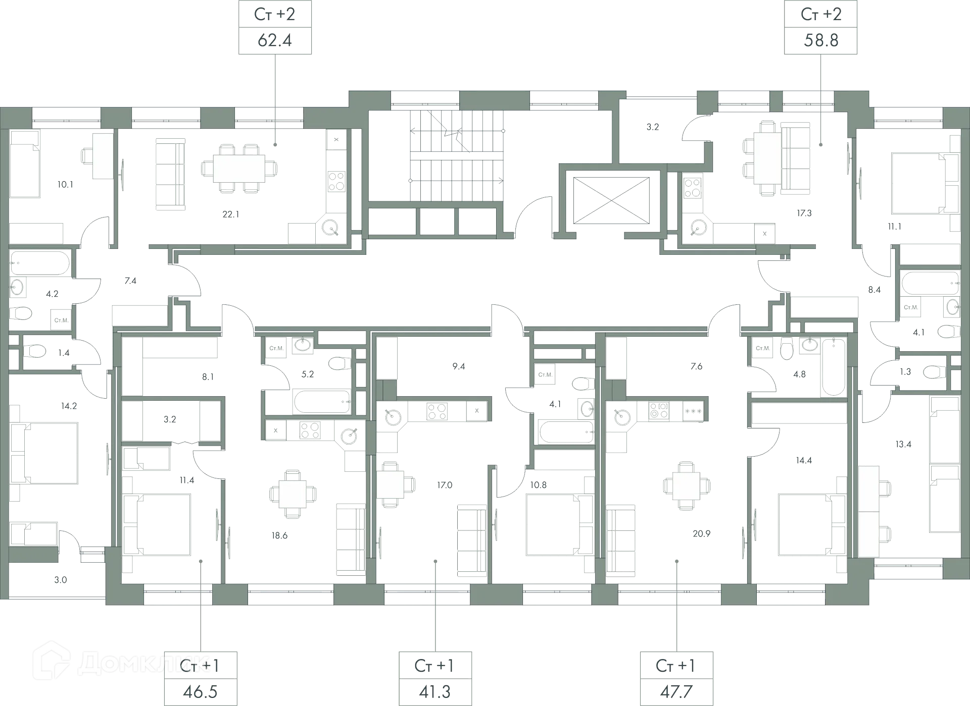 Планировка 1-комнатной квартиры 41.3 м² в ЖК Эко-квартал "Долина Ручьев", г. Ханты-Мансийск — фото 2
