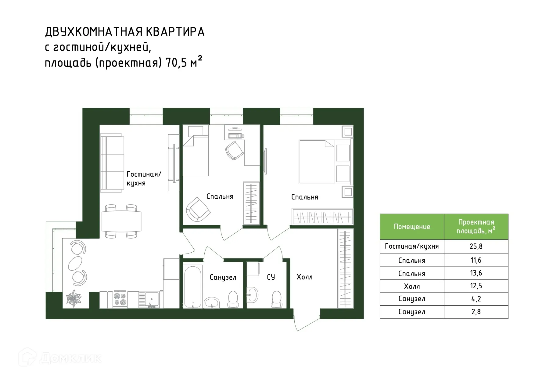 Планировка 2-комнатной квартиры 70.5 м² в Жилой дом "Знаменский", г. Ханты-Мансийск — фото 1