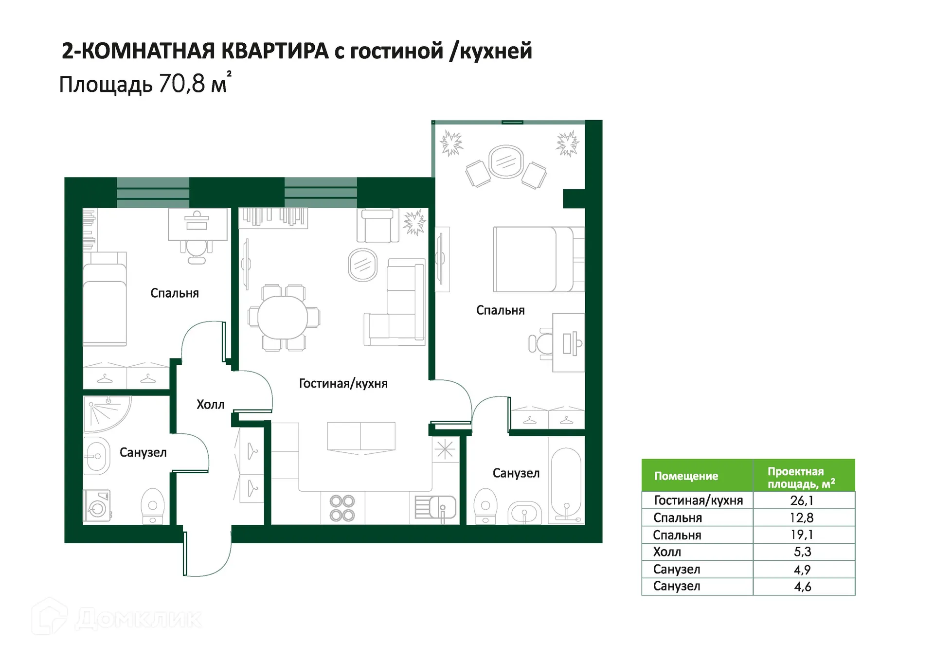 Планировка 2-комнатной квартиры 70.8 м² в Малоэтажный жилой комплекс "Крона", г. Ханты-Мансийск — фото 1