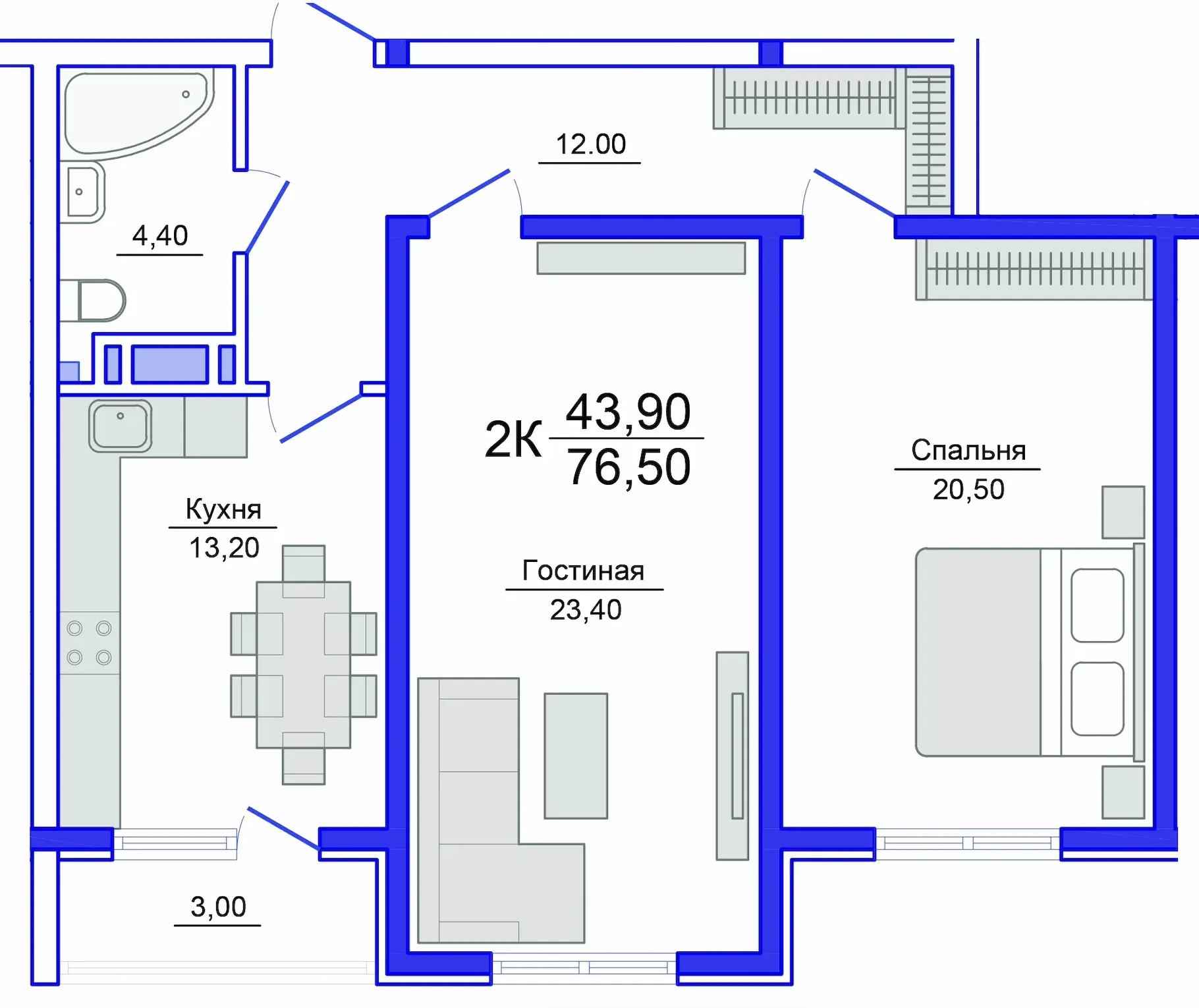 Планировка 2-комнатной квартиры 75.1 м² в Аквамарин, г. Махачкала — фото 1