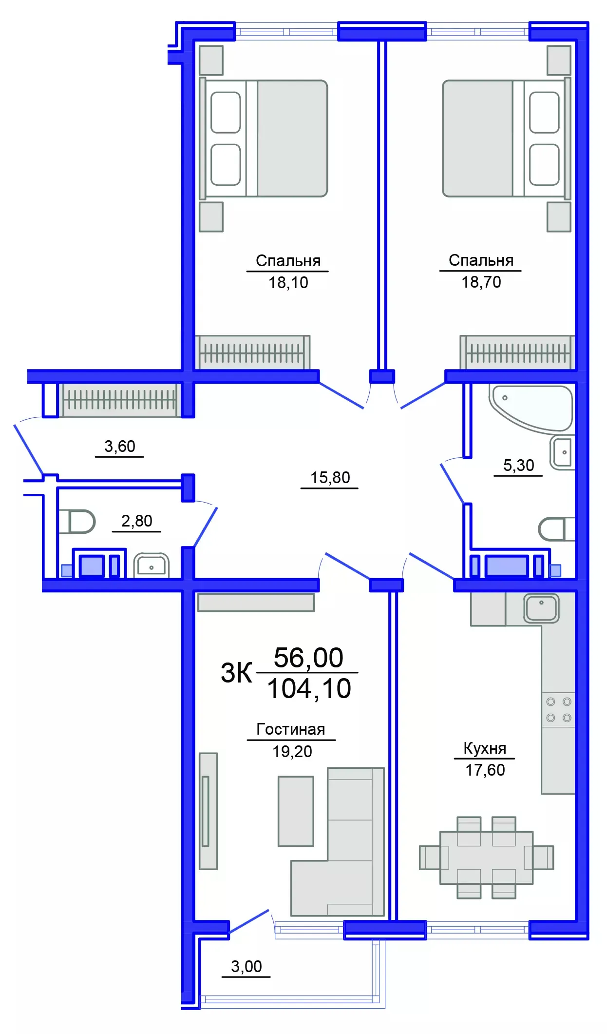 Планировка 3-комнатной квартиры 102.7 м² в Аквамарин, г. Махачкала — фото 1