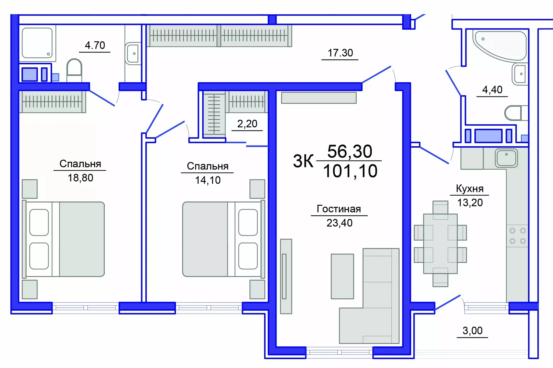 Планировка 3-комнатной квартиры 99.7 м² в Аквамарин, г. Махачкала — фото 1
