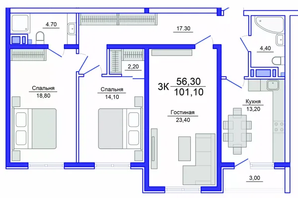 Планировка 3 комн. в Аквамарин