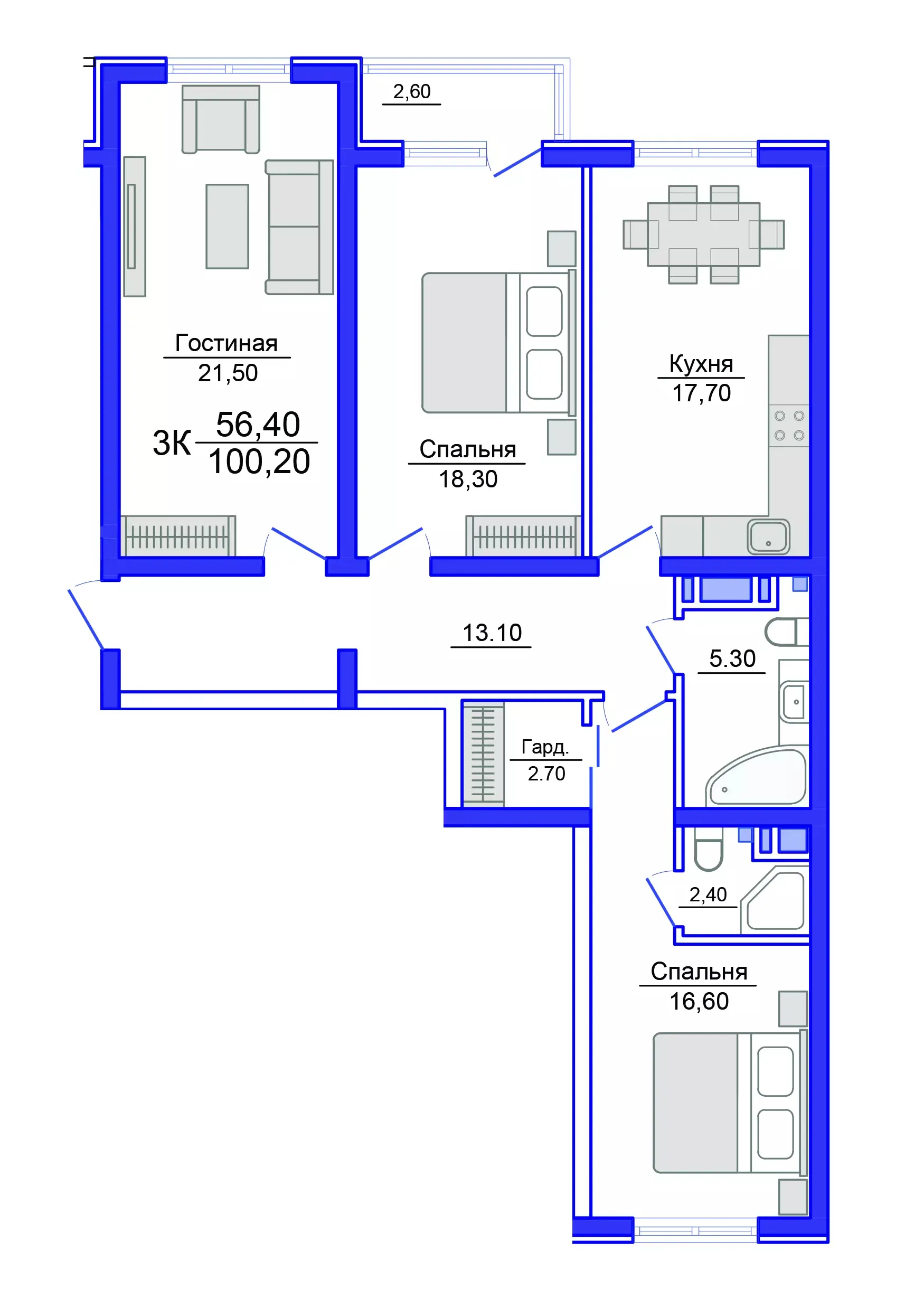 Планировка 3-комнатной квартиры 98.9 м² в Аквамарин, г. Махачкала — фото 1