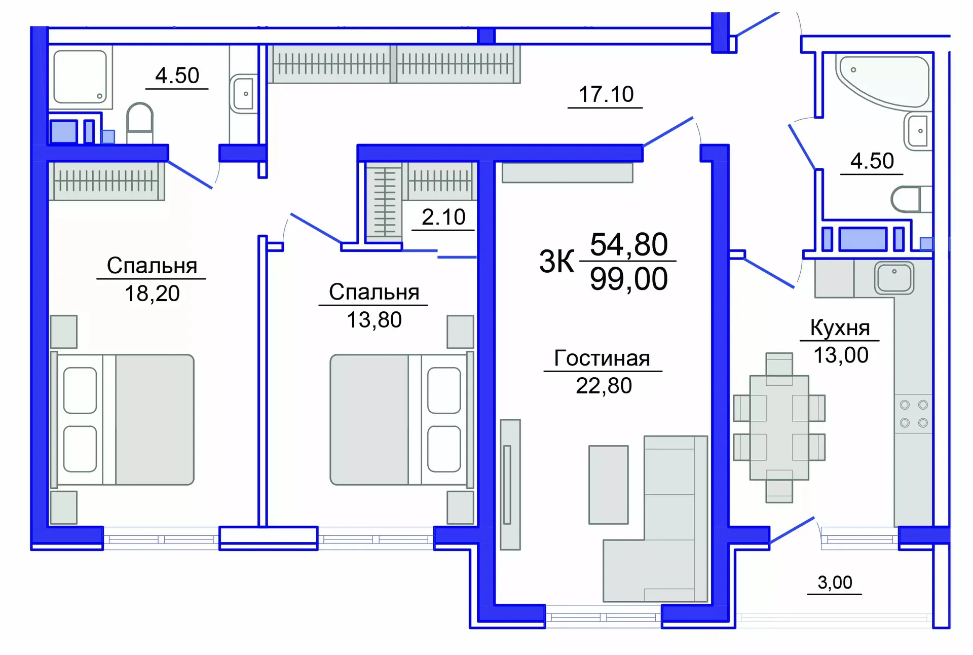 Планировка 3-комнатной квартиры 97.5 м² в Аквамарин, г. Махачкала — фото 1