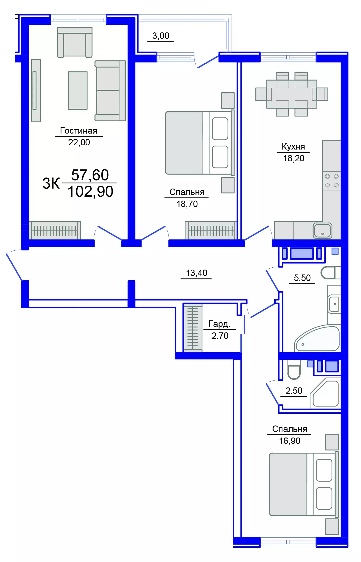 Планировка 3-комнатной квартиры 101.4 м² в Аквамарин, г. Махачкала — фото 1