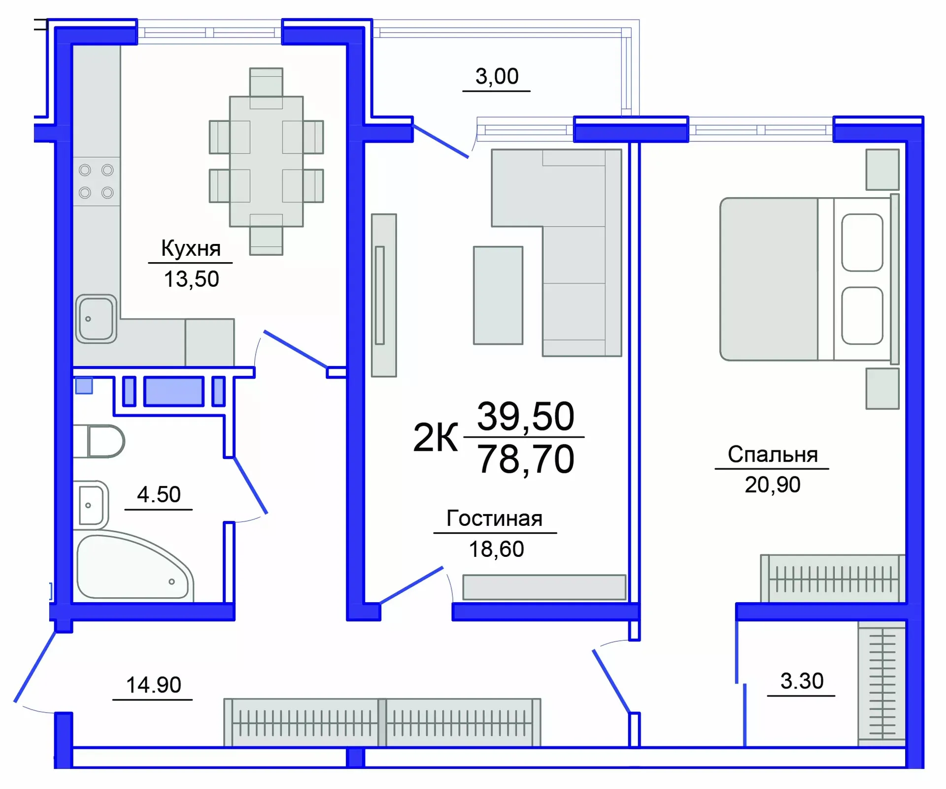 Планировка 2-комнатной квартиры 77.2 м² в Аквамарин, г. Махачкала — фото 1