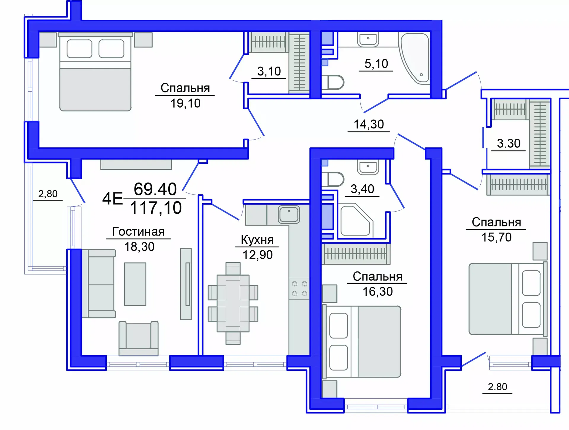 Планировка студии квартиры 114.4 м² в Аквамарин, г. Махачкала — фото 1