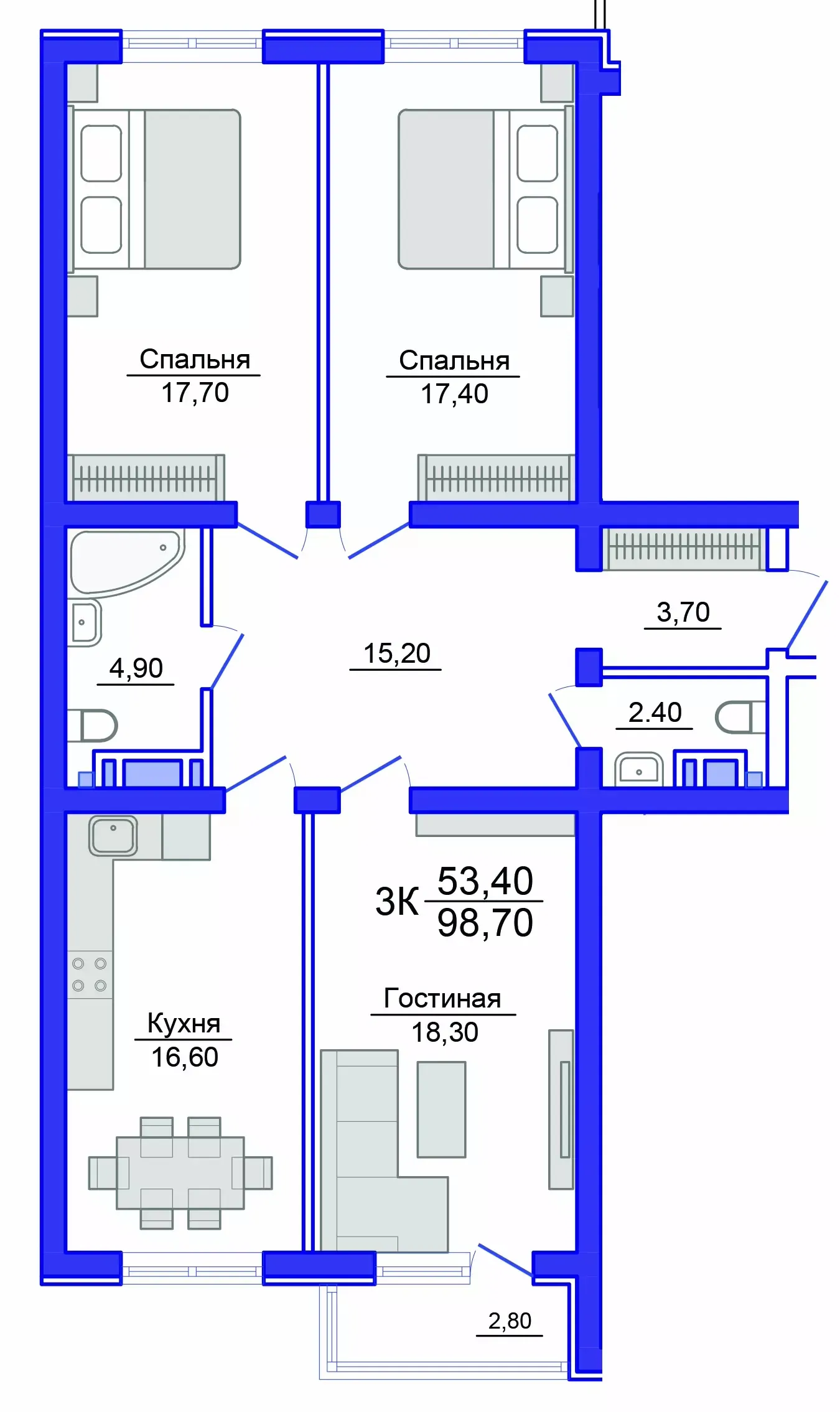Планировка 3-комнатной квартиры 97.7 м² в Аквамарин, г. Махачкала — фото 1