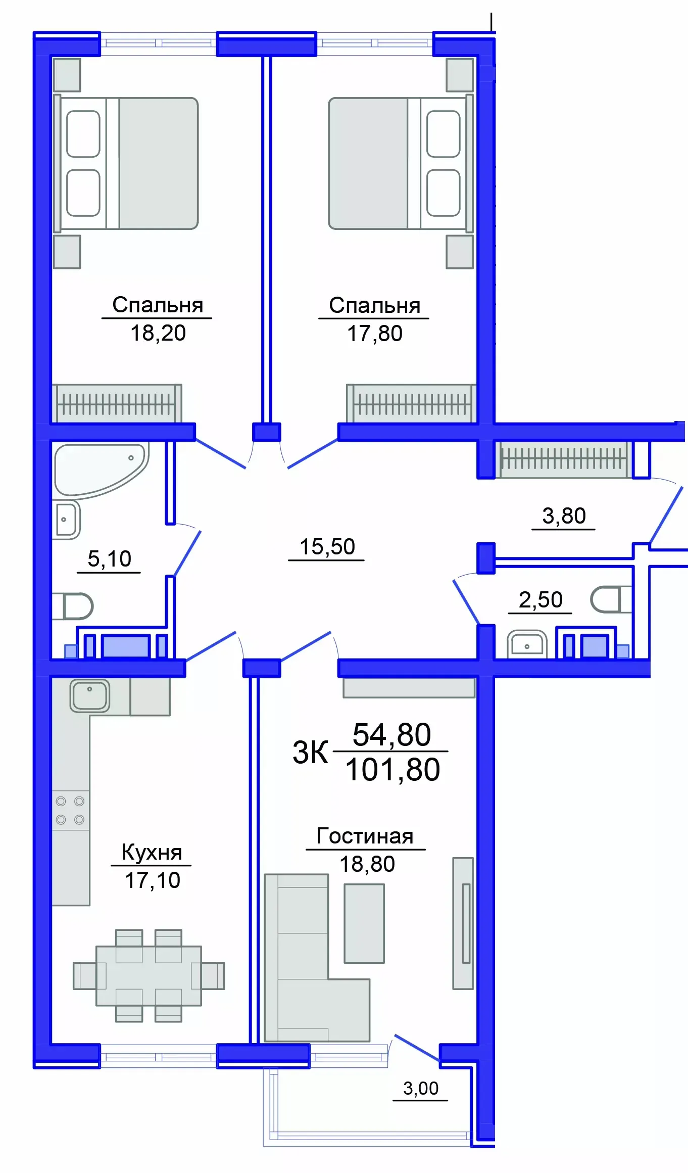 Планировка 3-комнатной квартиры 100.3 м² в Аквамарин, г. Махачкала — фото 1