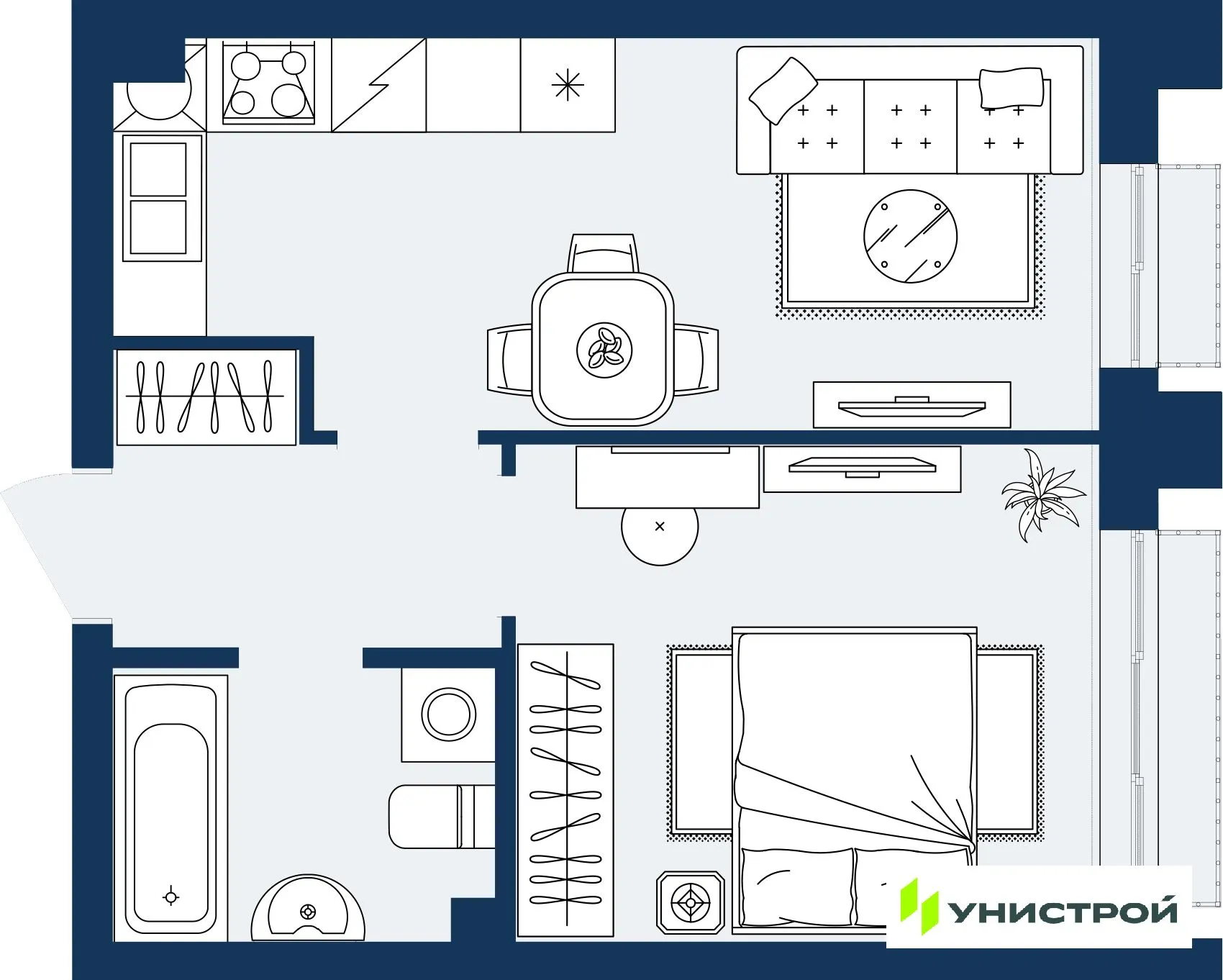 Планировка 1-комнатной квартиры 34.66 м² в ЖК ГРАНД БЕРЕГ, г. Махачкала — фото 1