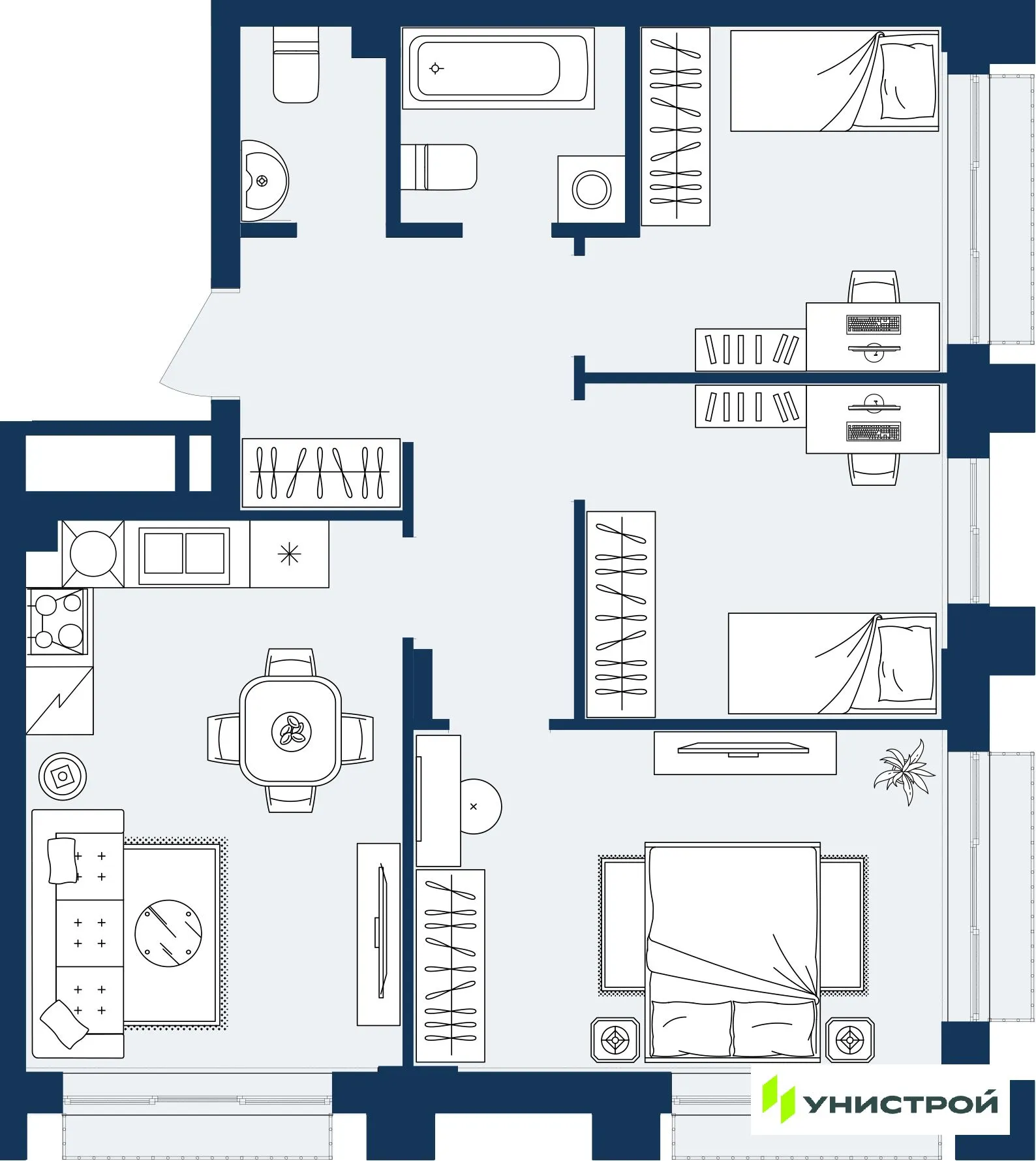 Планировка 3-комнатной квартиры 64.81 м² в ЖК ГРАНД БЕРЕГ, г. Махачкала — фото 1