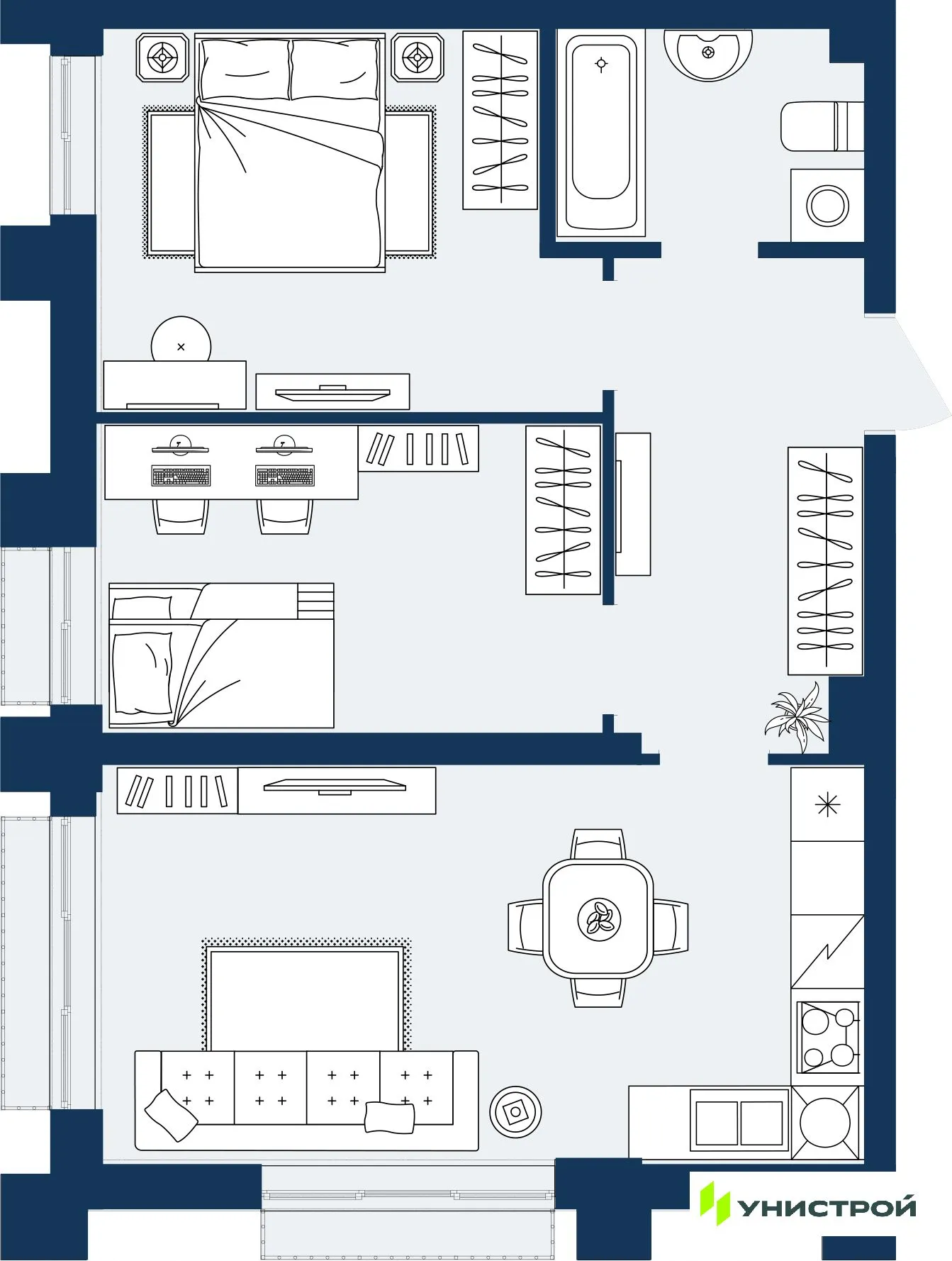 Планировка 2-комнатной квартиры 56.02 м² в ЖК ГРАНД БЕРЕГ, г. Махачкала — фото 1