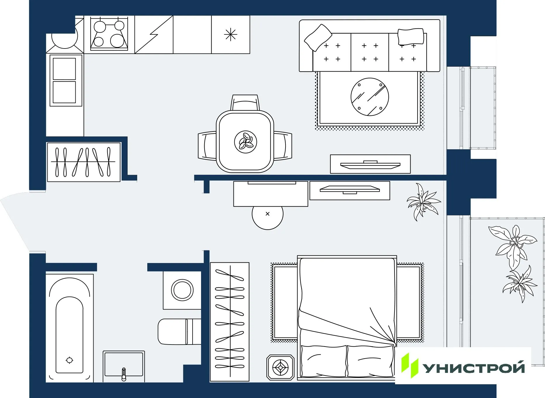 Планировка 1-комнатной квартиры 35.52 м² в ЖК ГРАНД БЕРЕГ, г. Махачкала — фото 1