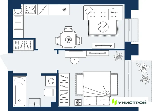 Планировка 1 комн. в ЖК ГРАНД БЕРЕГ