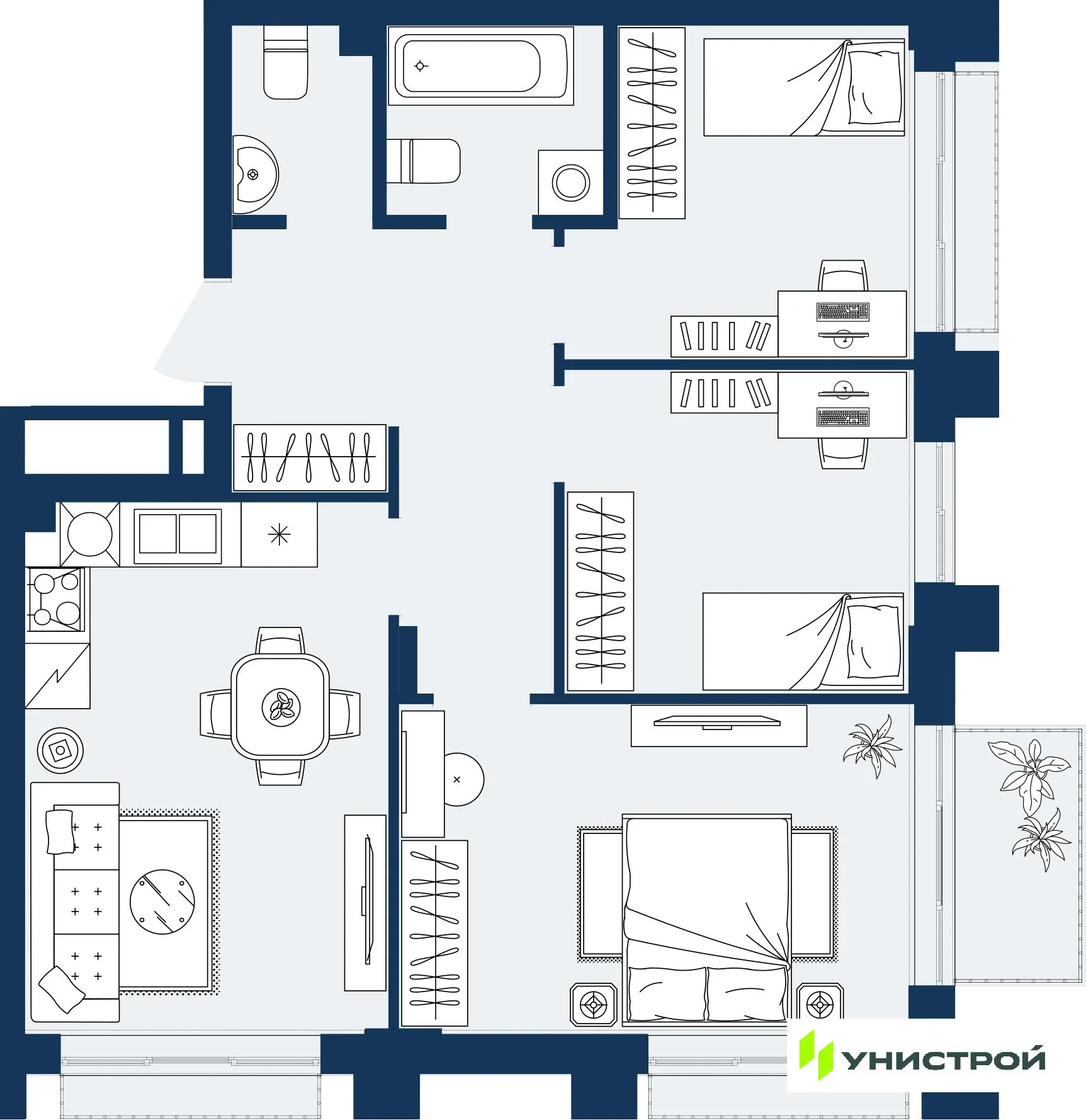 Планировка 3-комнатной квартиры 65.67 м² в ЖК ГРАНД БЕРЕГ, г. Махачкала — фото 1