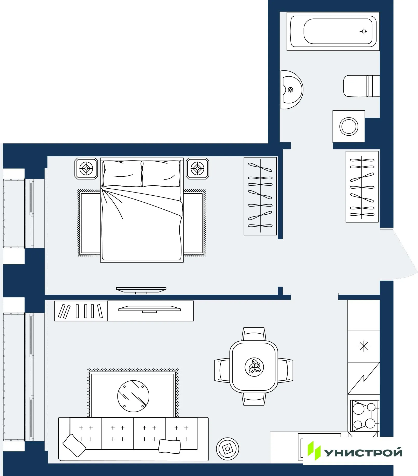 Планировка 1-комнатной квартиры 39.95 м² в ЖК ГРАНД БЕРЕГ, г. Махачкала — фото 1