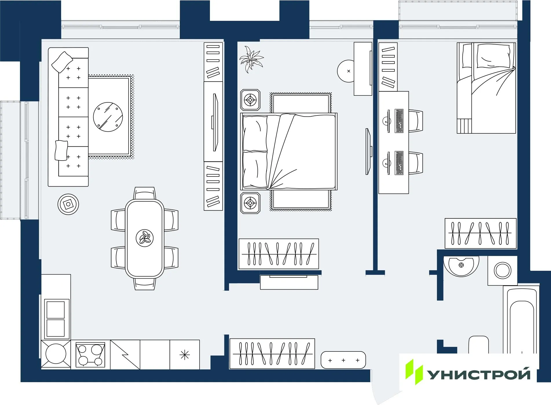 Планировка 2-комнатной квартиры 62.39 м² в ЖК ГРАНД БЕРЕГ, г. Махачкала — фото 1