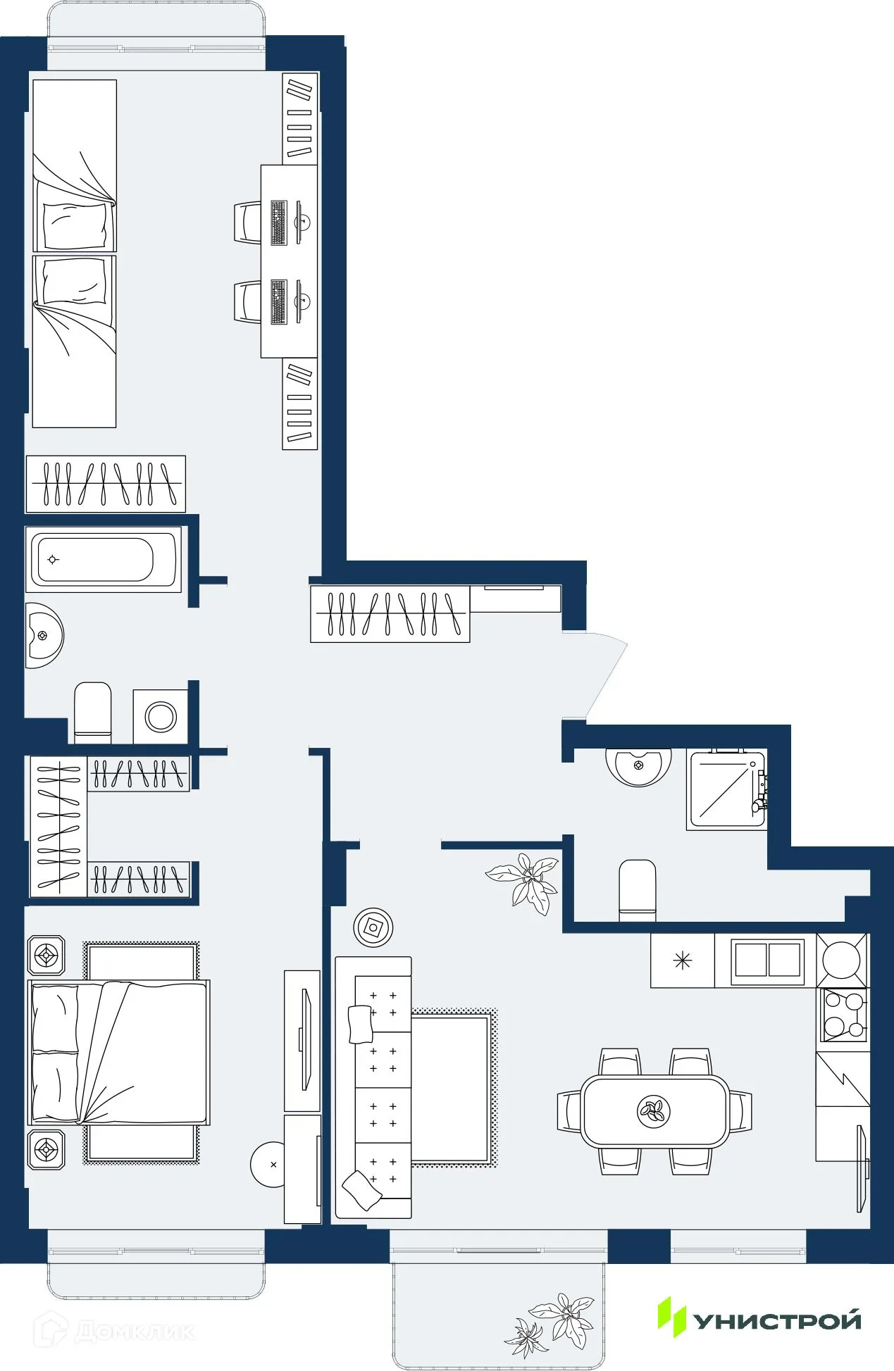Планировка 2-комнатной квартиры 74.55 м² в ЖК ГРАНД БЕРЕГ, г. Махачкала — фото 1
