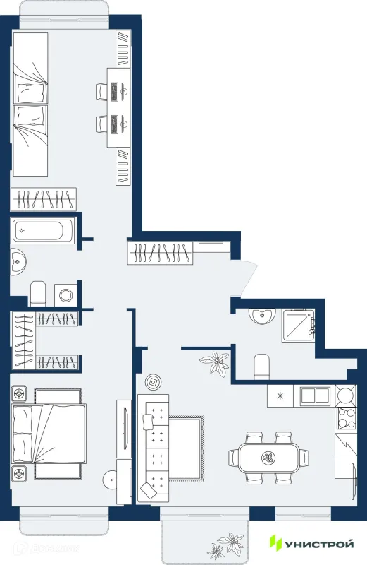 Планировка 2 комн. в ЖК ГРАНД БЕРЕГ