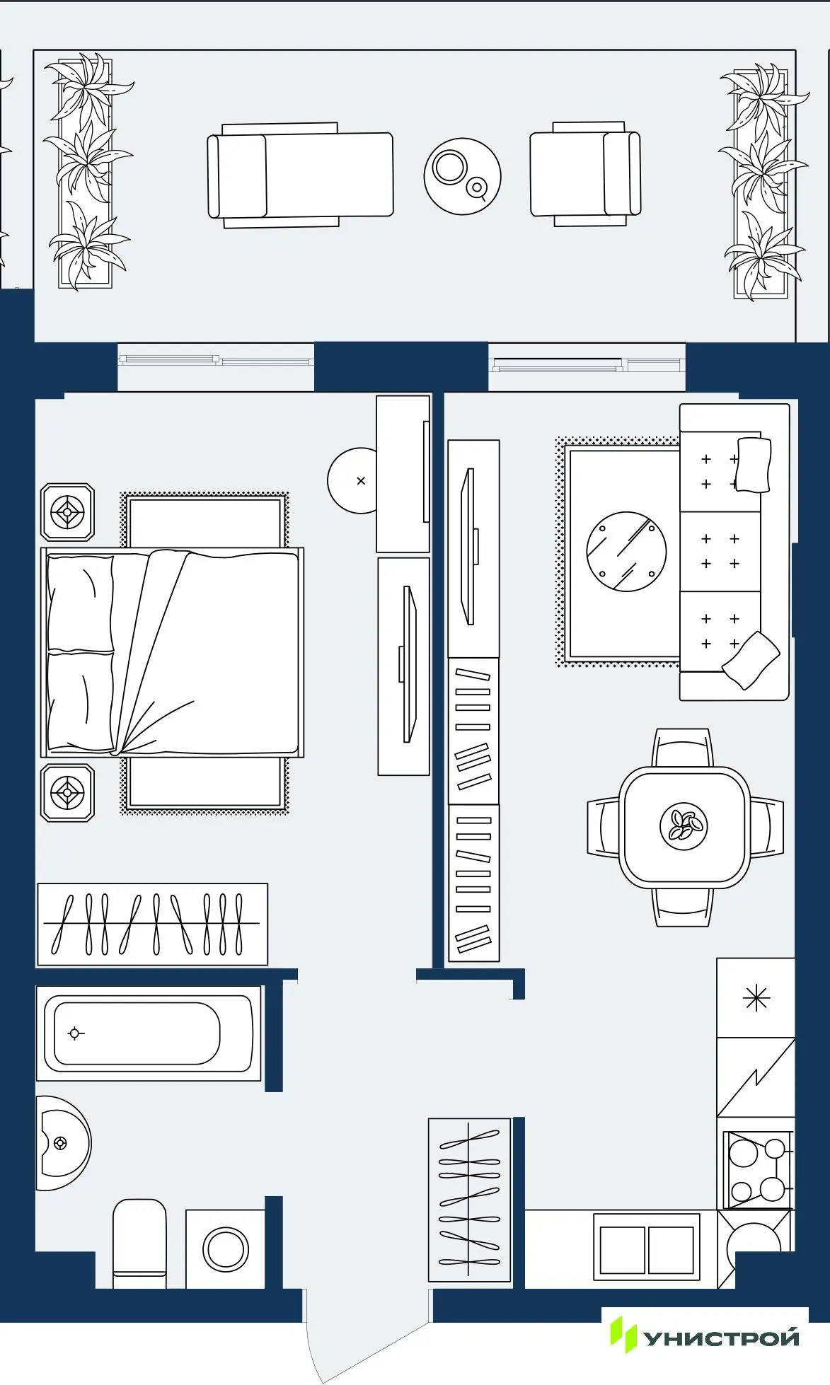 Планировка 1-комнатной квартиры 41.53 м² в ЖК ГРАНД БЕРЕГ, г. Махачкала — фото 1