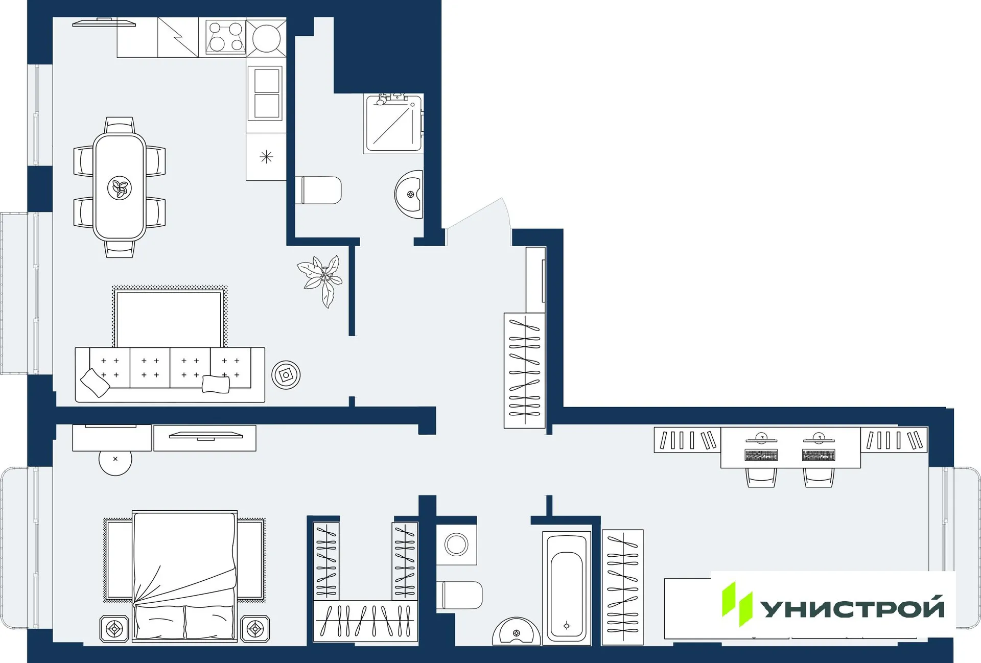 Планировка 2-комнатной квартиры 74.22 м² в ЖК ГРАНД БЕРЕГ, г. Махачкала — фото 1