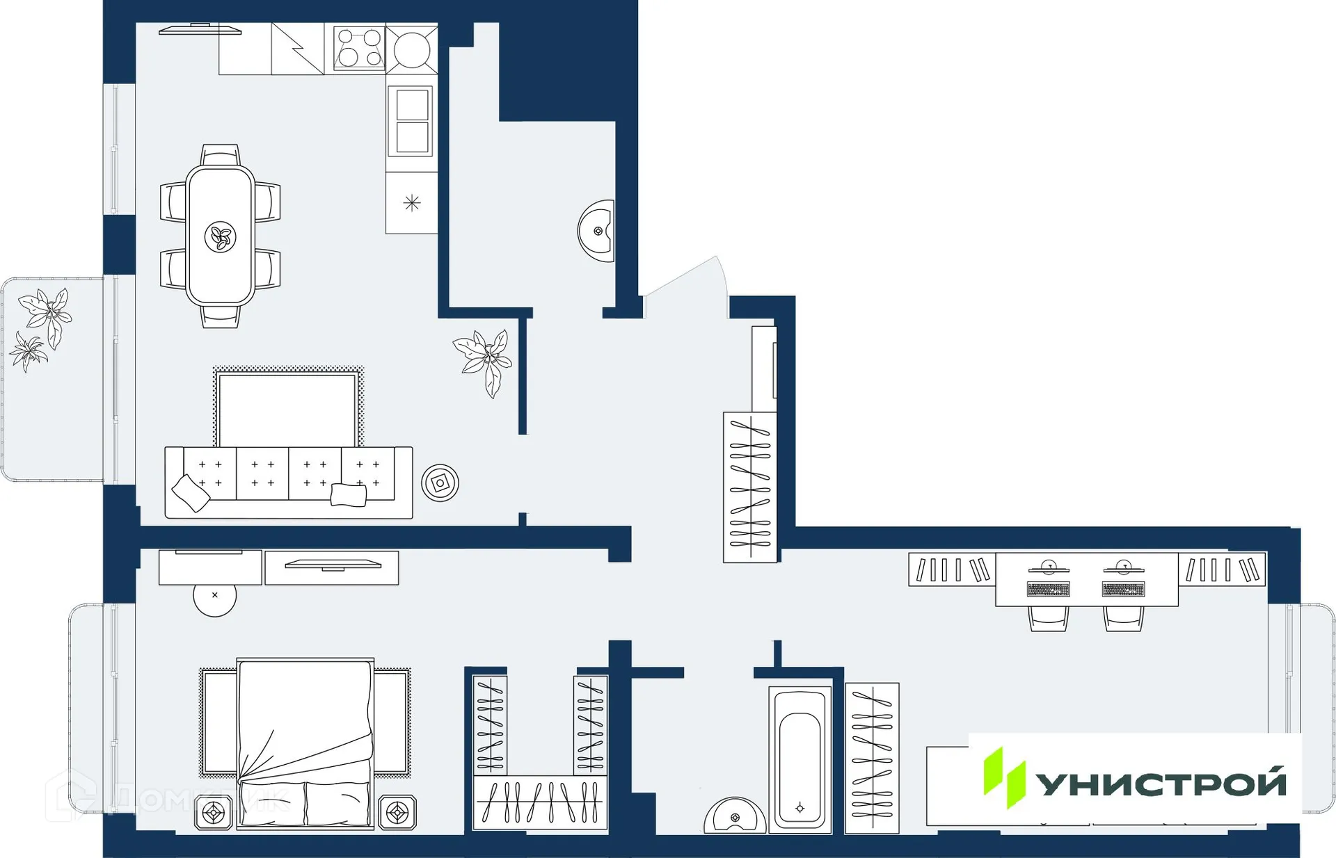 Планировка 2-комнатной квартиры 75.08 м² в ЖК ГРАНД БЕРЕГ, г. Махачкала — фото 1
