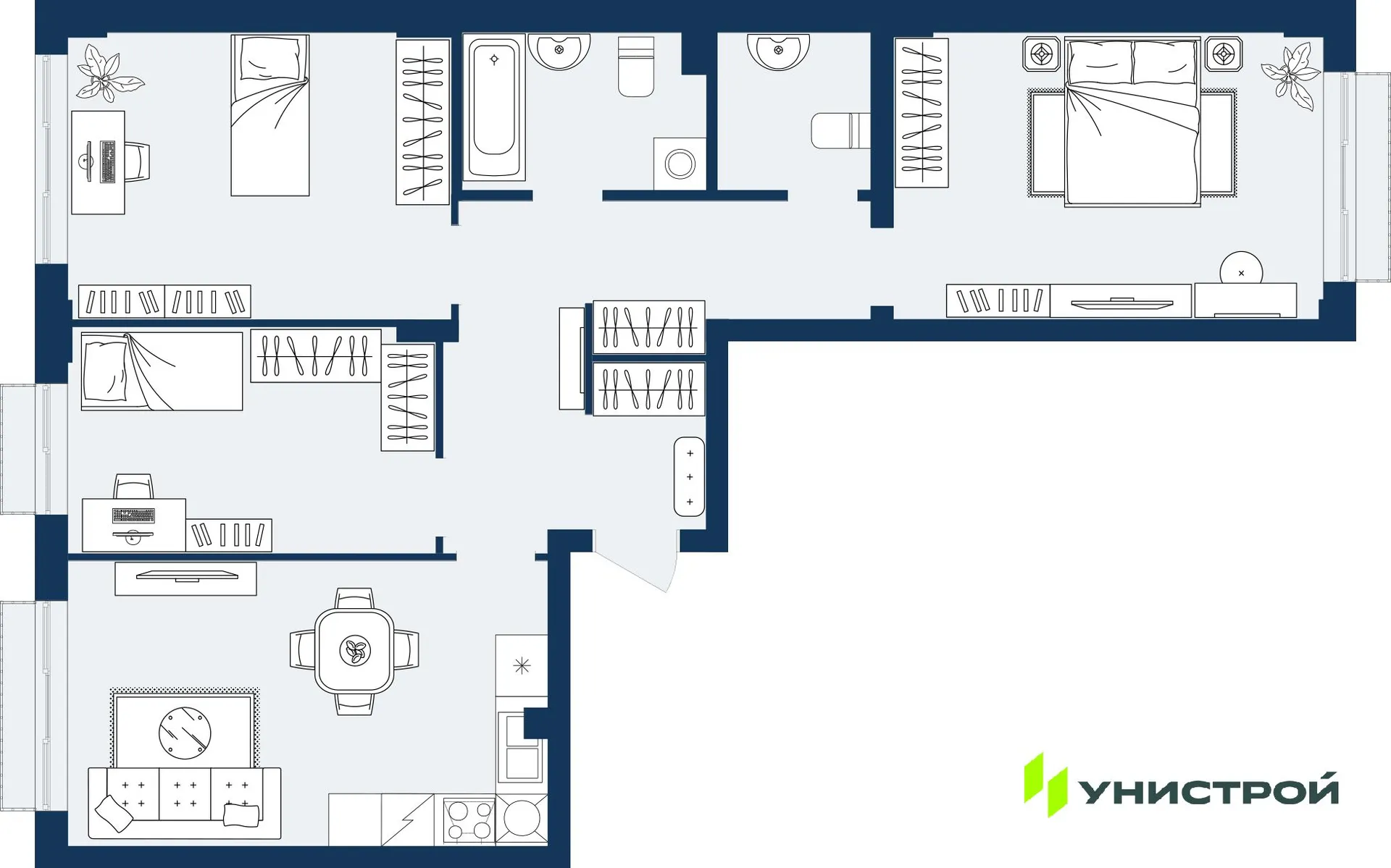 Планировка 3-комнатной квартиры 80.58 м² в ЖК ГРАНД БЕРЕГ, г. Махачкала — фото 1