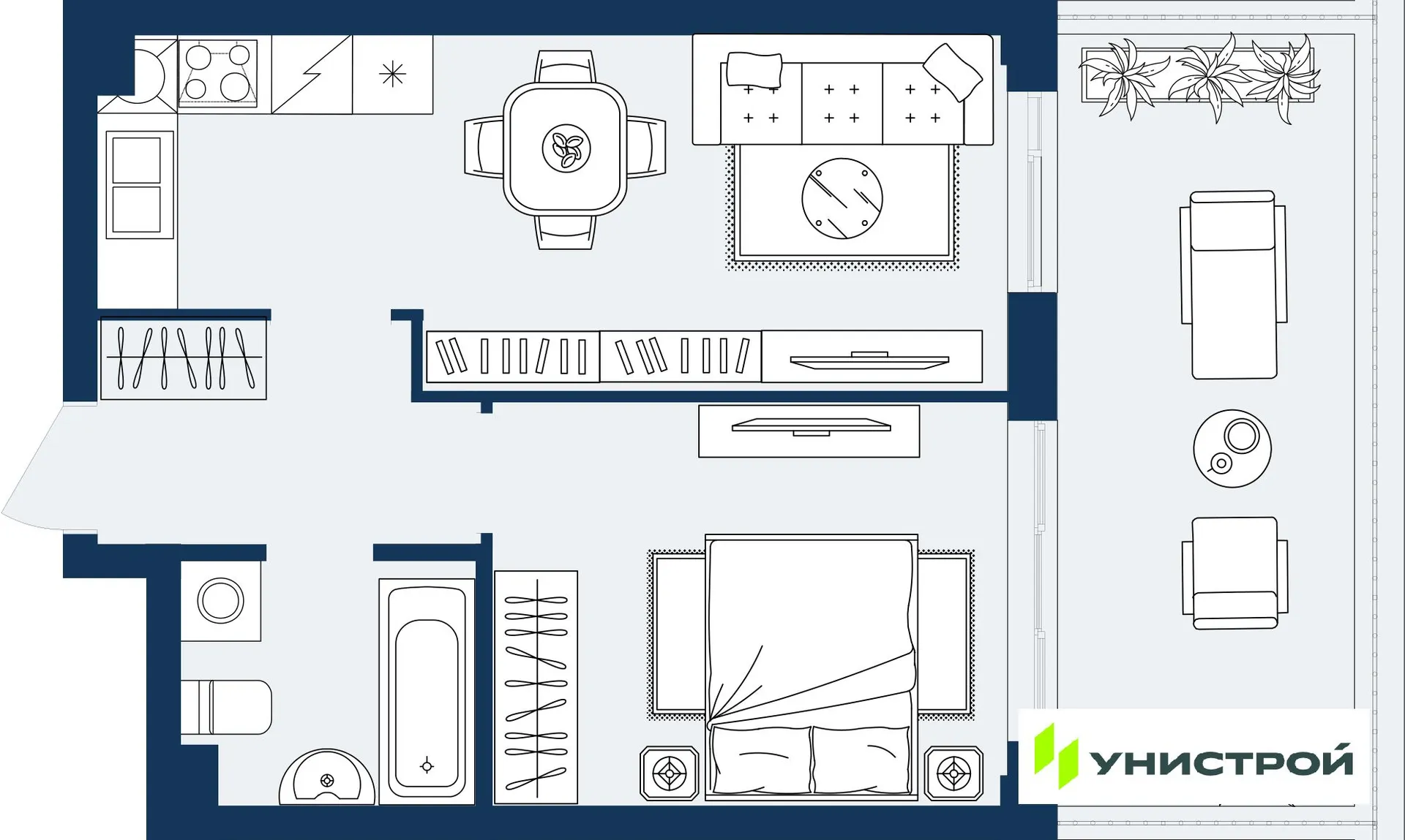 Планировка 1-комнатной квартиры 40.34 м² в ЖК ГРАНД БЕРЕГ, г. Махачкала — фото 1